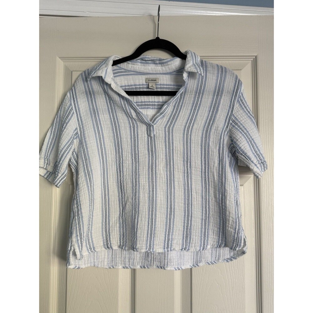 LL Bean Womens Cloud Gauze Shirt S Short Sleeve Blue White Striped Relaxed Fit